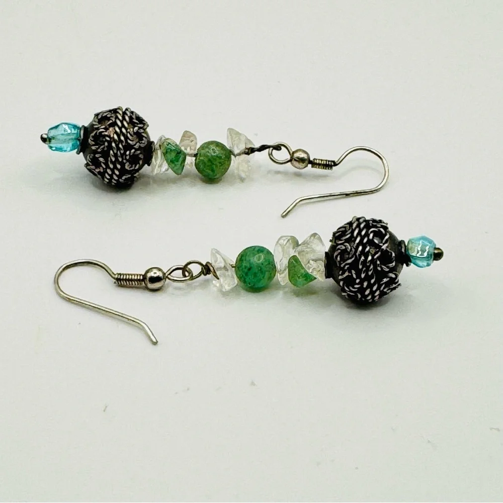 Green Stone & Quartz Dangle Earrings | Oxidized Silver Beads Artisan Boho Style